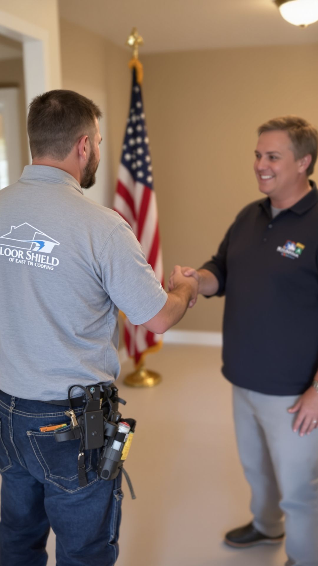 “Veteran-owned Floor Shield technician shaking hands with a homeowner after installing a new garage floor.” “Veteran-owned Floor Shield technician shaking hands with a homeowner after installing a new garage floor.”