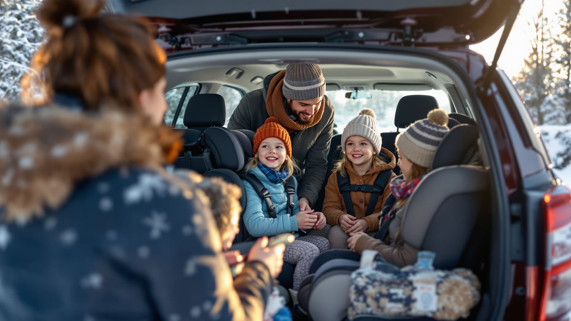 Family preparing for holiday travel with children, viewed from behind. Family preparing for holiday travel with children, viewed from behind.