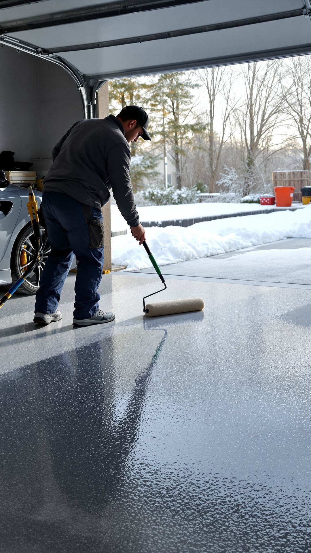 “Floor Shield technician applying polyaspartic topcoat during winter.” “Floor Shield technician applying polyaspartic topcoat during winter.”
