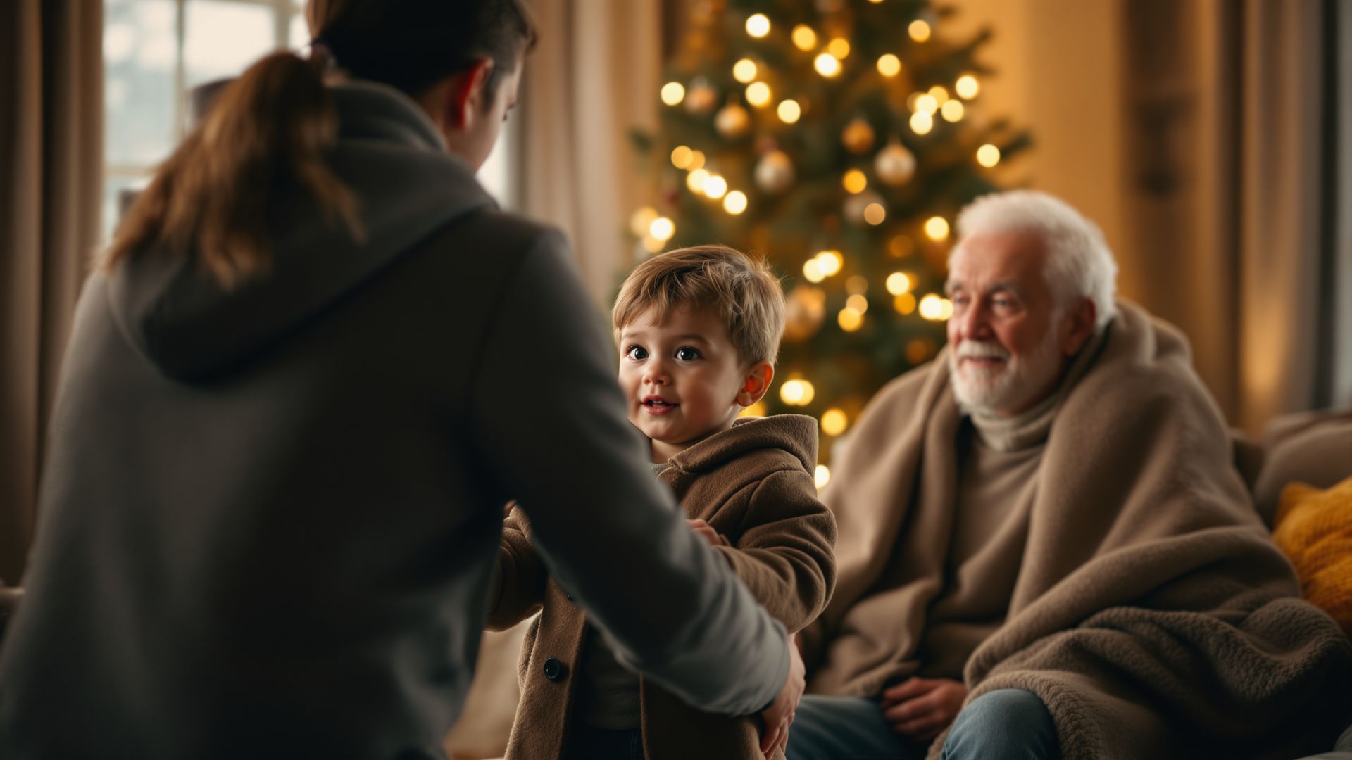 Parent helping child while an older family member rests nearby, showing multigenerational care needs. Parent helping child while an older family member rests nearby, showing multigenerational care needs.