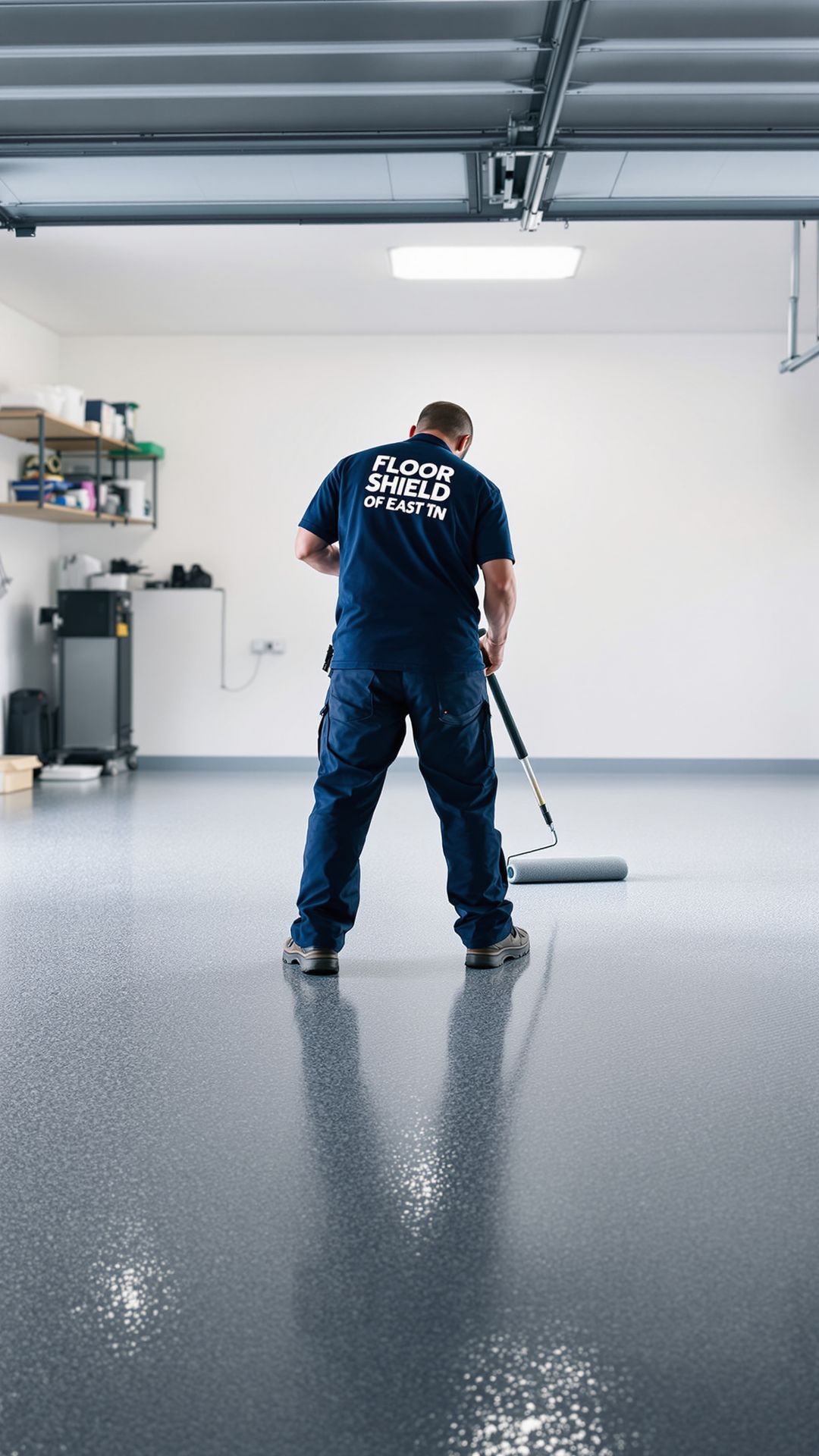 “Technician applying polyaspartic coating to a garage floor in a clean, organized garage.” “Technician applying polyaspartic coating to a garage floor in a clean, organized garage.”