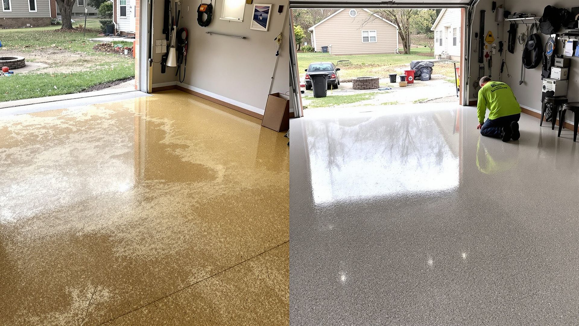 “Side-by-side comparison of damaged epoxy and a clean, glossy polyaspartic garage floor.” “Side-by-side comparison of damaged epoxy and a clean, glossy polyaspartic garage floor.”