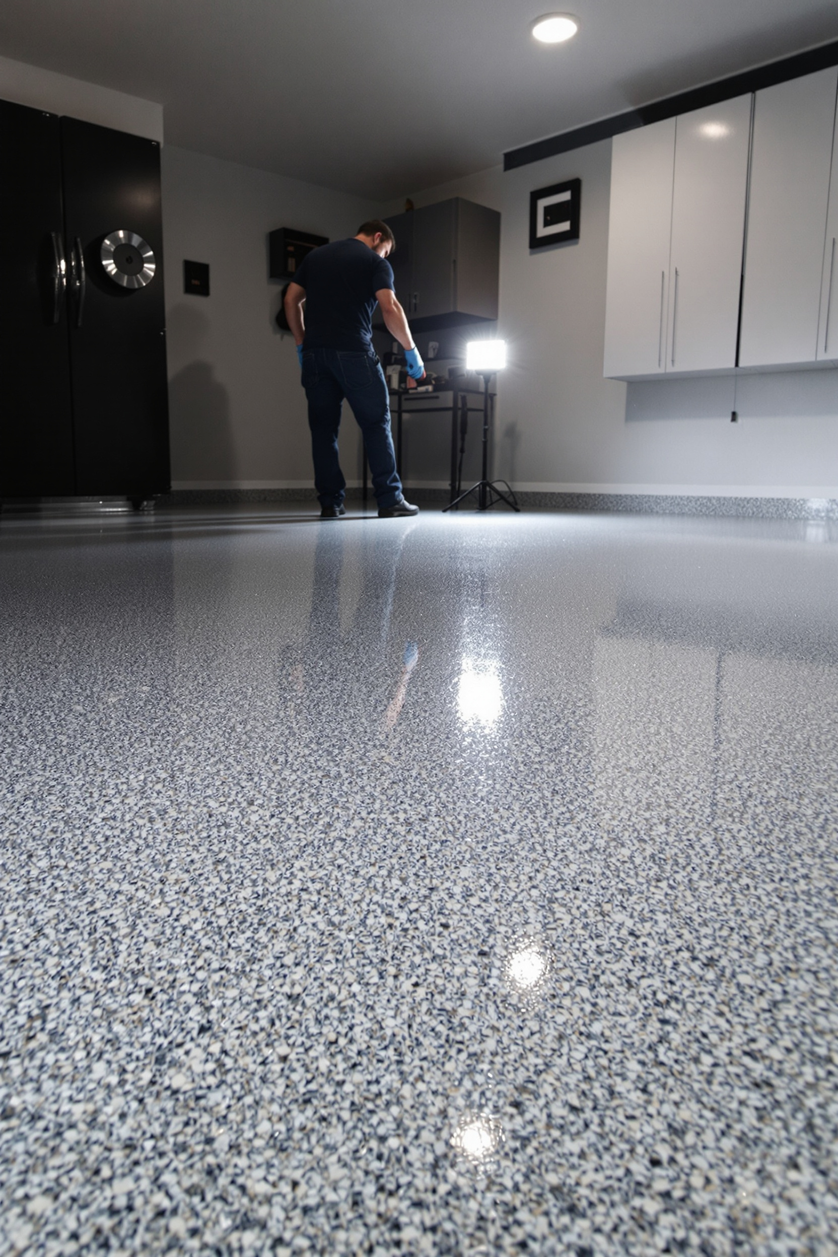 “Technician inspecting a freshly coated polyaspartic garage floor with decorative flake.” “Technician inspecting a freshly coated polyaspartic garage floor with decorative flake.”
