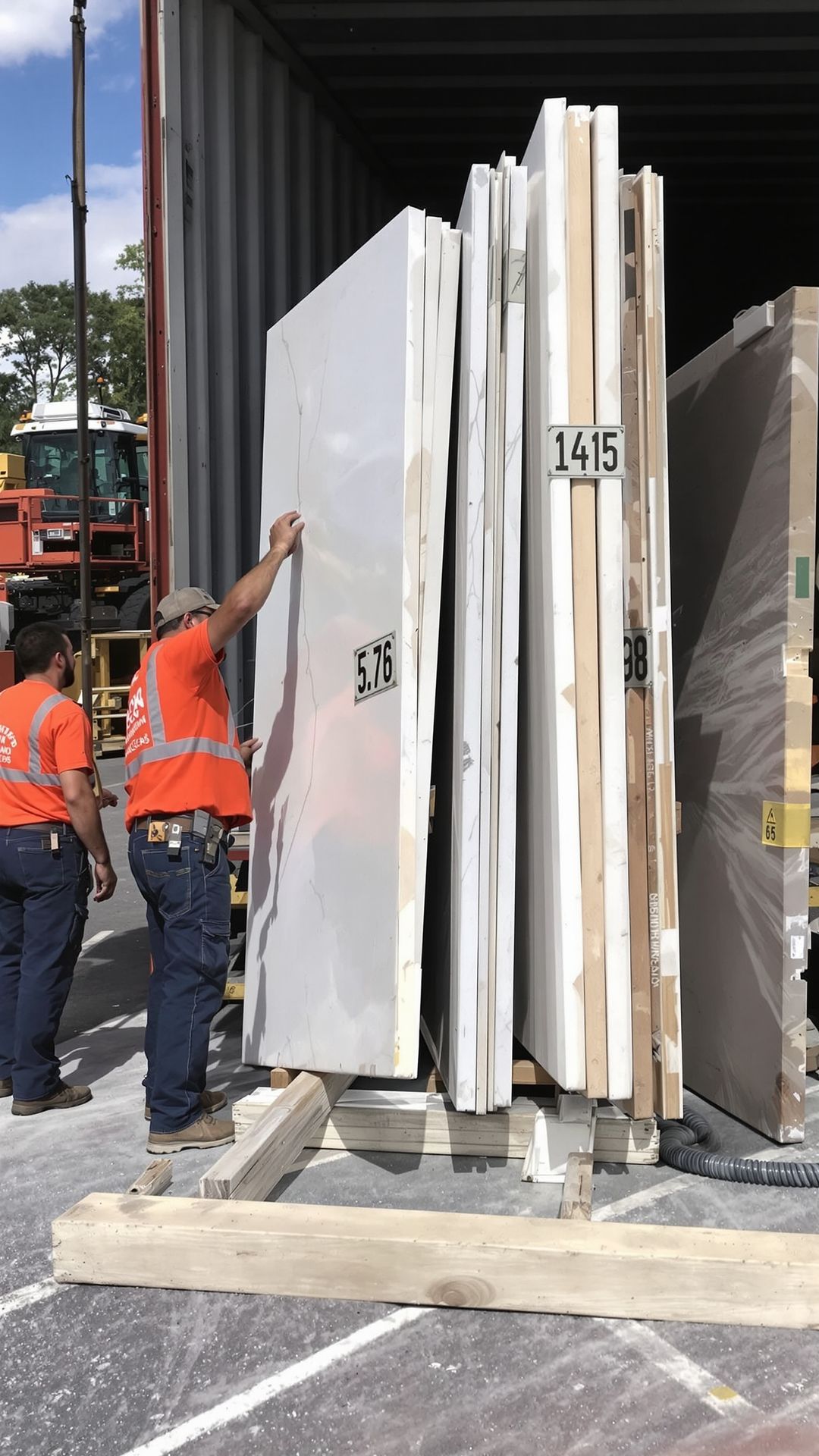 Warehouse crew performing a holiday unloading safety inspection on countertop-grade slab bundles before removing supports.