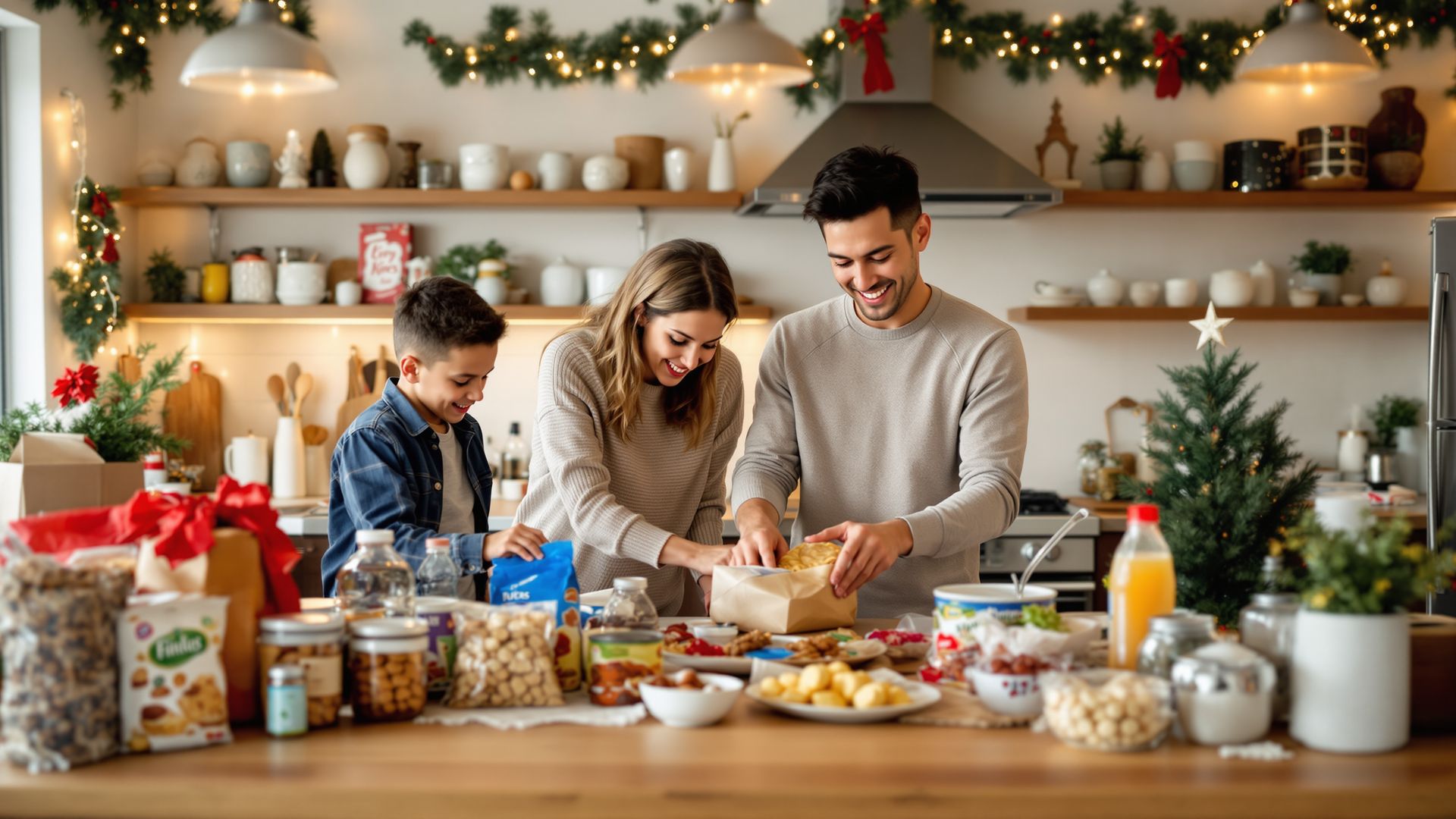 Holiday kitchen with family sorting bulk snacks and groceries for hosting and holiday savings.