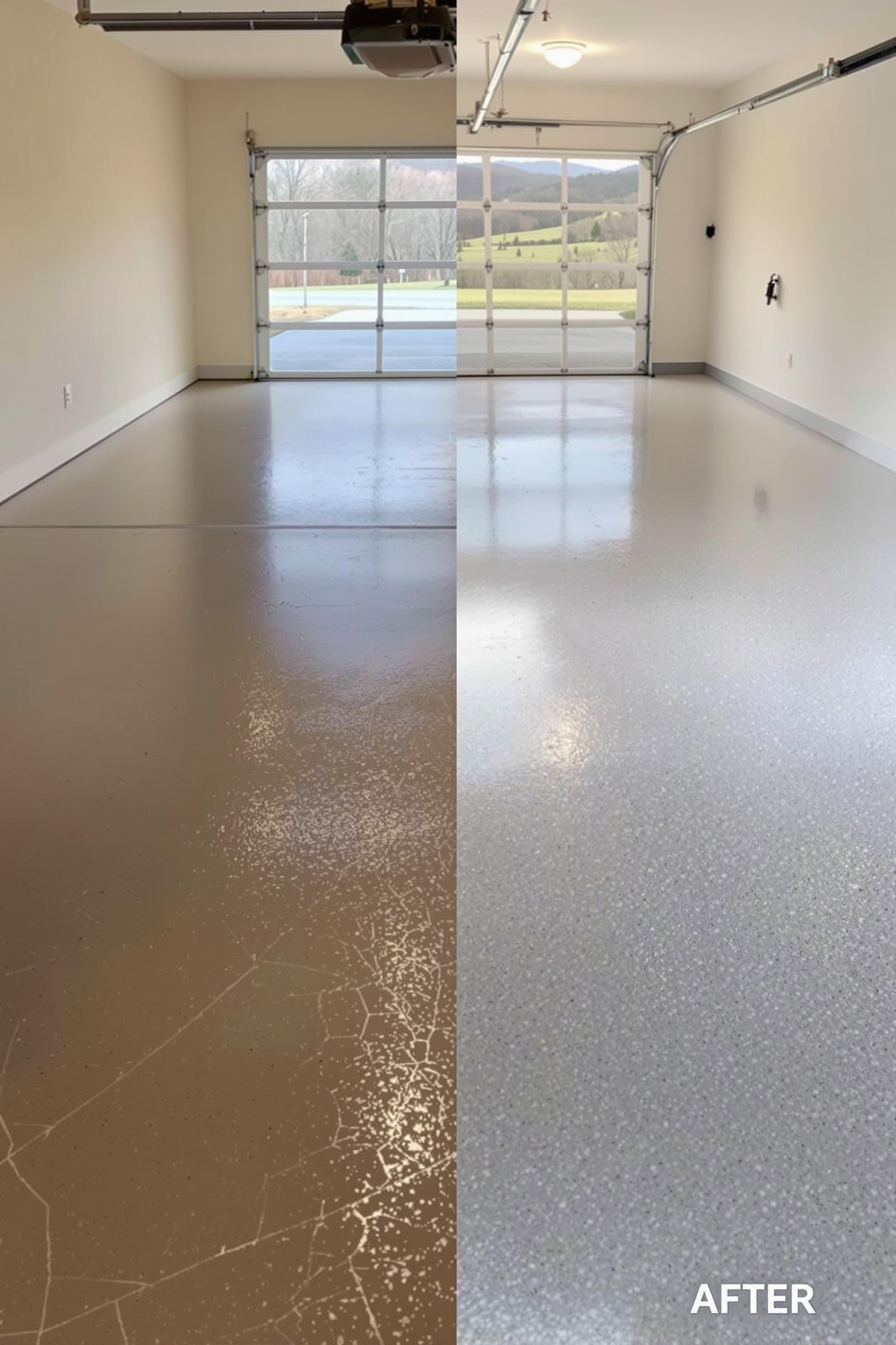 “Before-and-after view of epoxy vs polyaspartic flooring in a Tri-Cities home garage.” “Before-and-after view of epoxy vs polyaspartic flooring in a Tri-Cities home garage.”