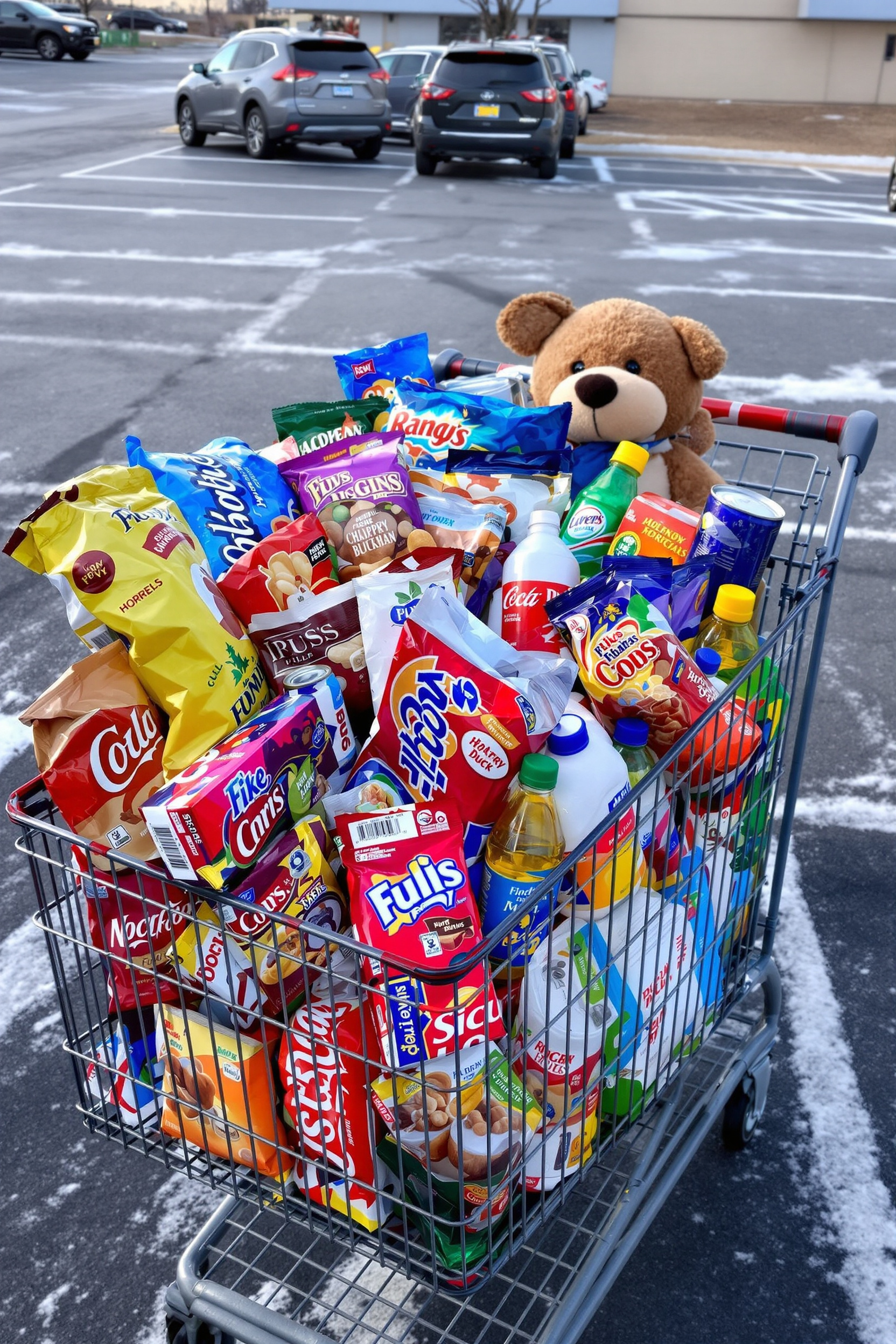 Shopping cart full of bulk holiday snacks and drinks in a winter parking lot.
