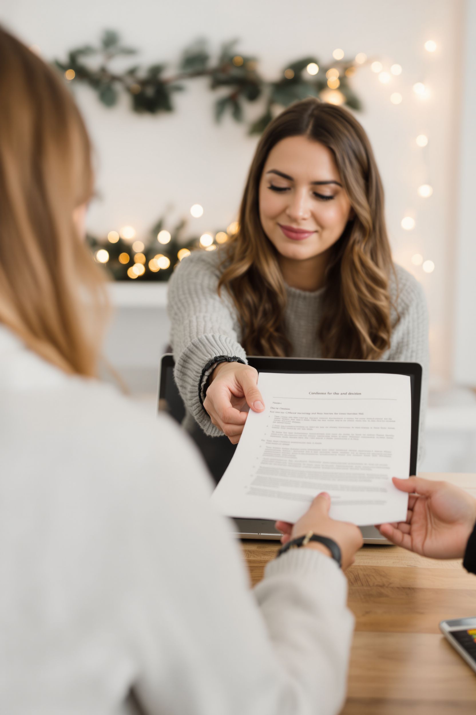 Woman handing insurance papers across a table during a family coverage review. Woman handing insurance papers across a table during a family coverage review.