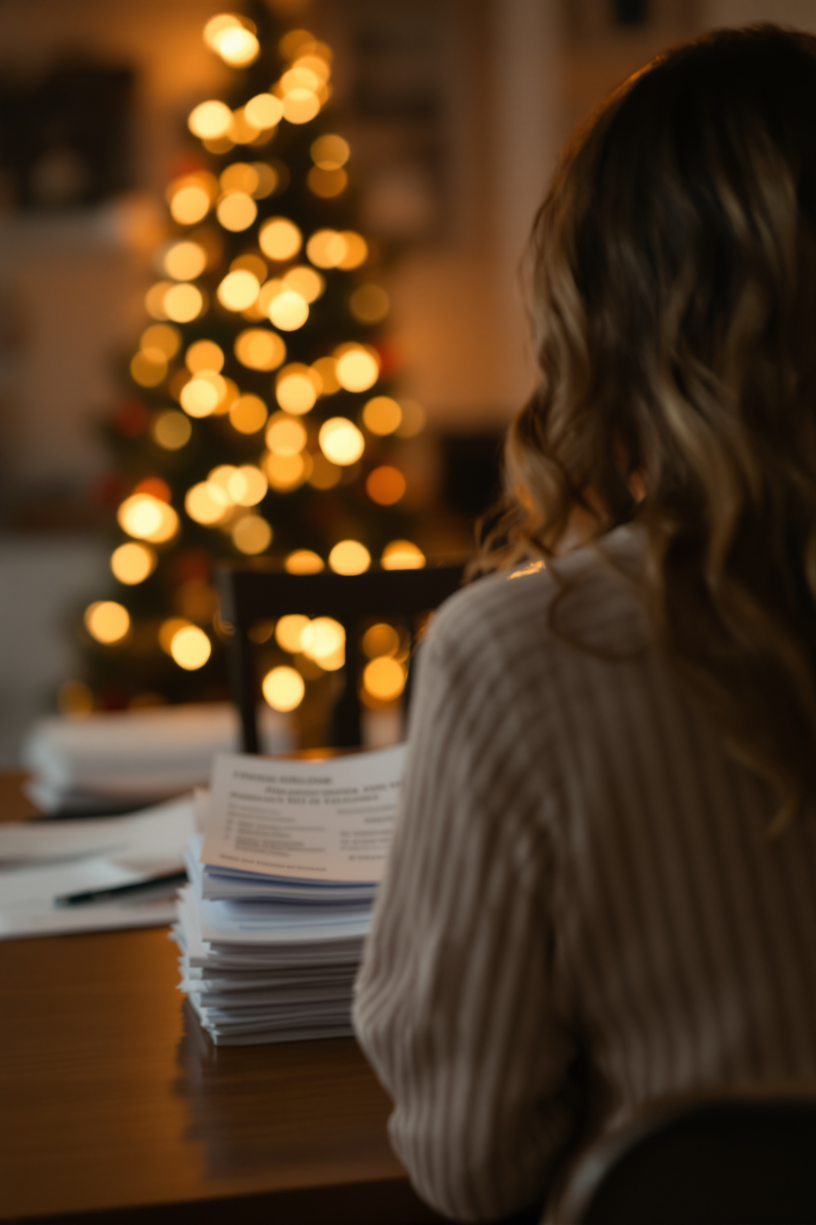 Woman reviewing bills and insurance paperwork at a holiday-decorated table. Woman reviewing bills and insurance paperwork at a holiday-decorated table.