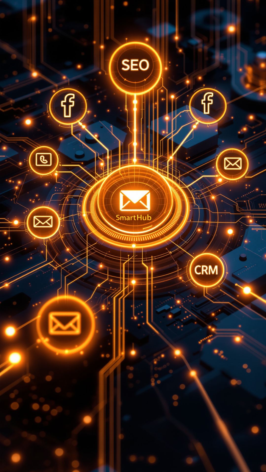 A glowing SmartHub core connects SEO, social media, ads, and CRM tools into one unified digital system. A glowing SmartHub core connects SEO, social media, ads, and CRM tools into one unified digital system.