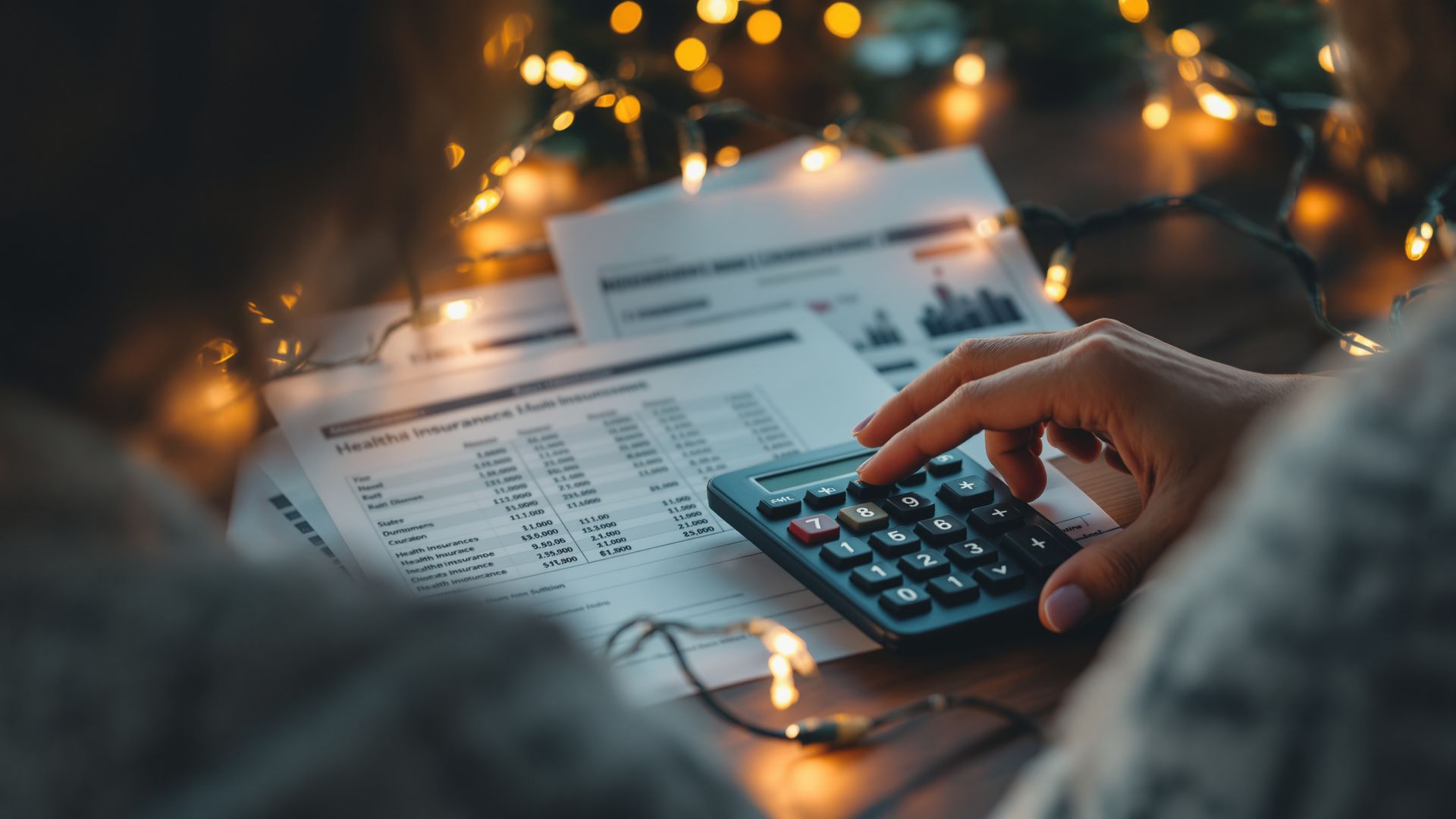 Woman calculating family insurance costs with documents on the table. Woman calculating family insurance costs with documents on the table.