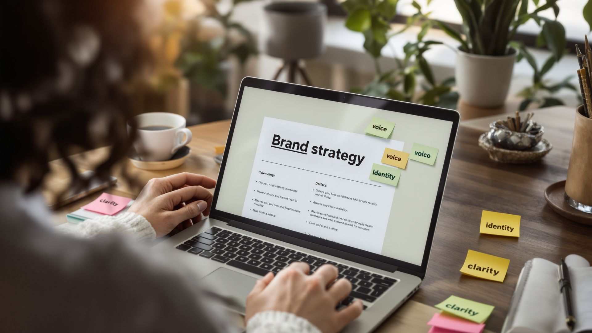 A business owner working on brand strategy at a modern desk with a laptop and notes.