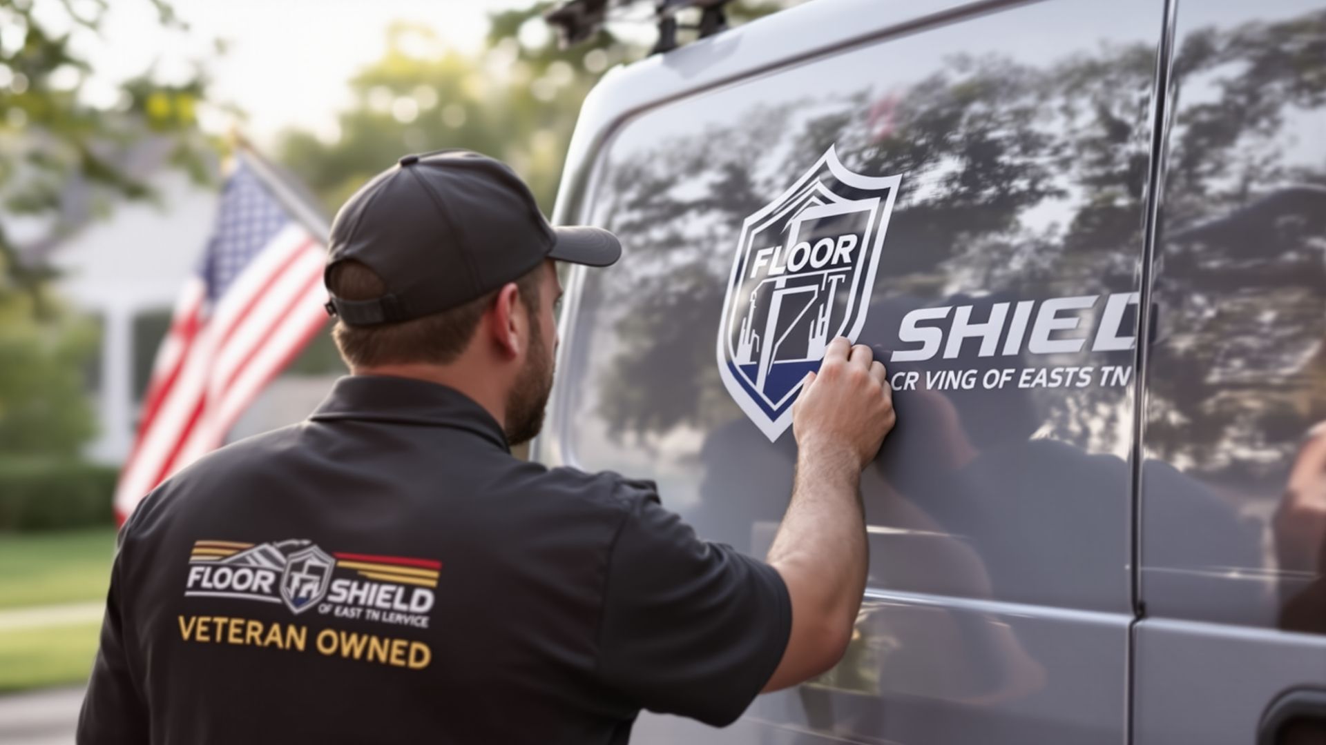 “Floor Shield of East TN technician placing a company decal on a service van with an American flag in the background.”