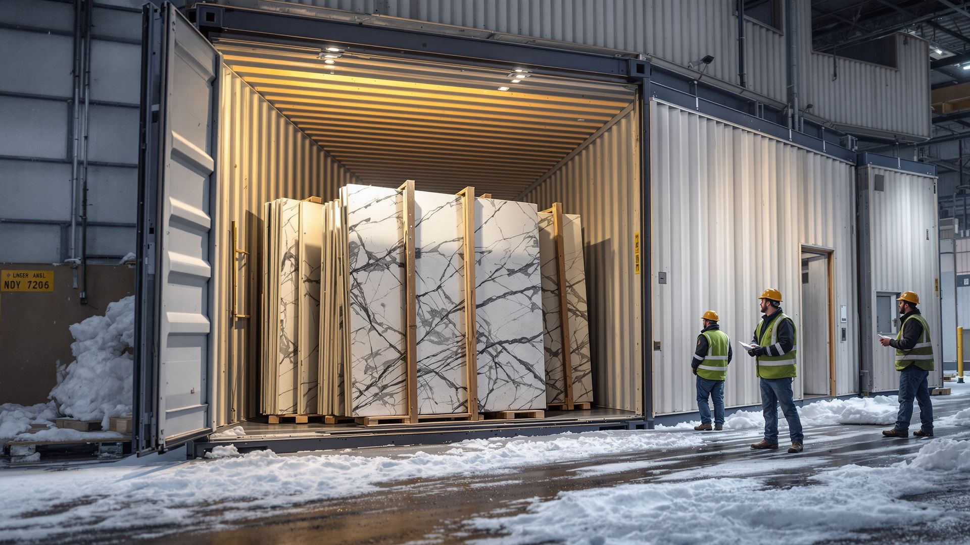 Open shipping container showing countertop-grade stone slab bundles supported by temporary beams during winter unloading at a warehouse.