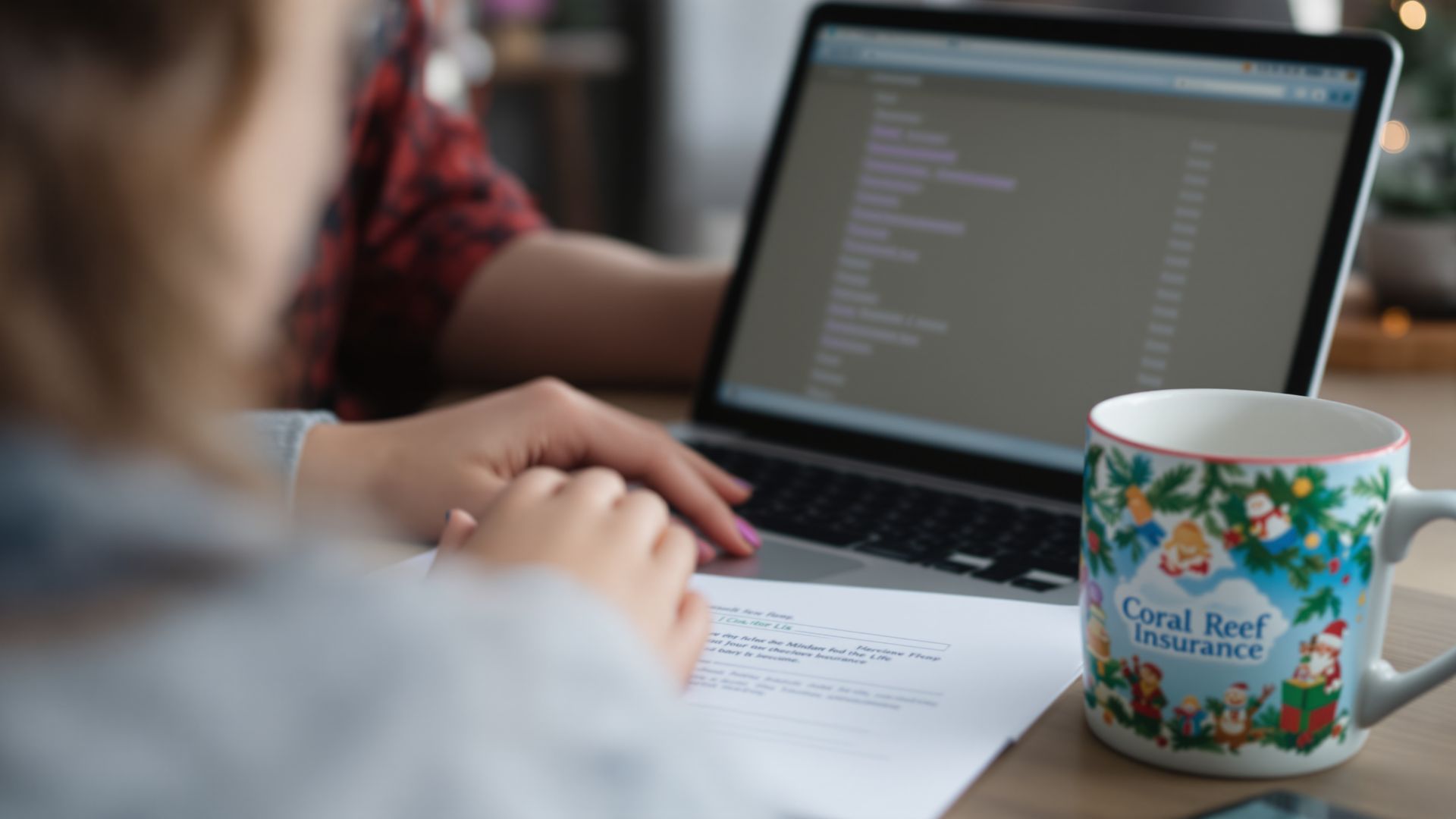 Woman viewing a medication list on her laptop with a prescription bottle nearby. Woman viewing a medication list on her laptop with a prescription bottle nearby.