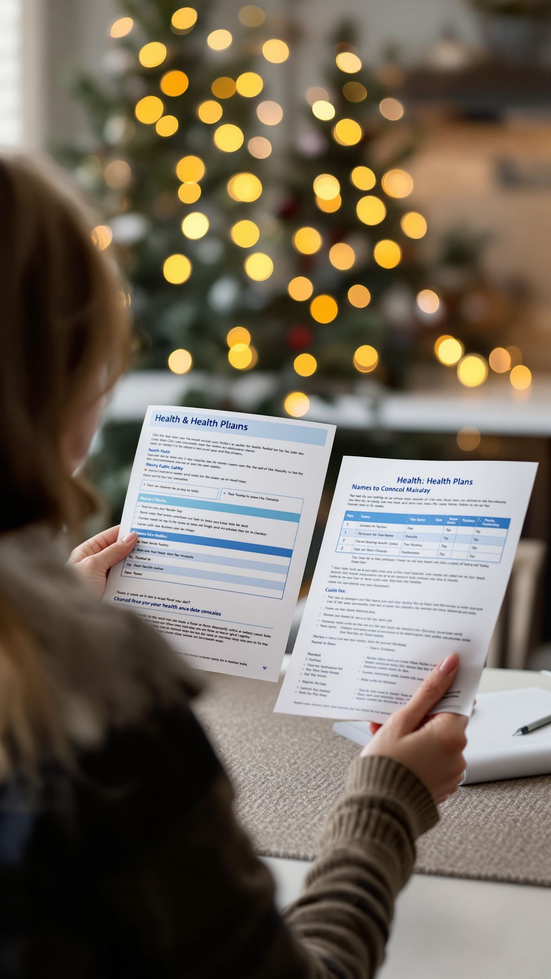Woman comparing printed health plan documents at a kitchen table. Woman comparing printed health plan documents at a kitchen table.