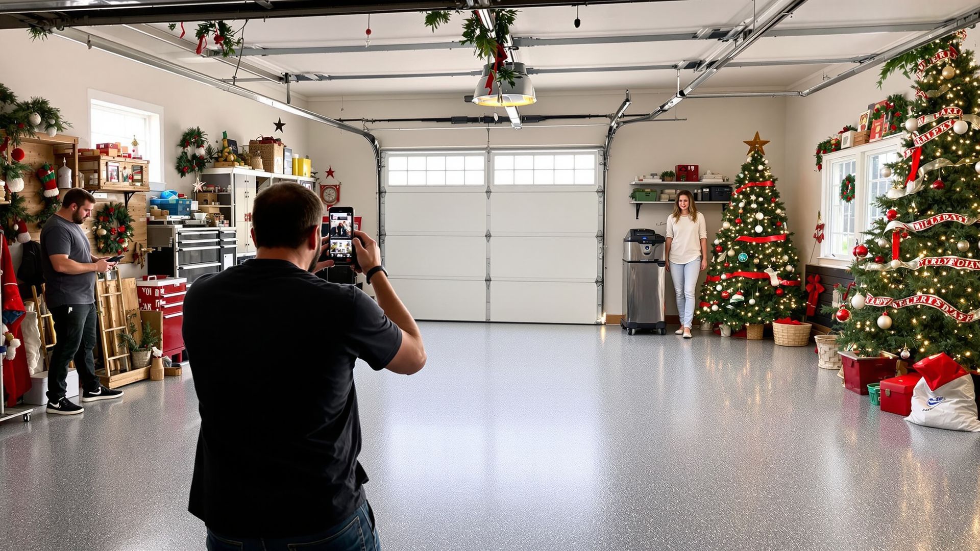 “Finished garage being photographed for a spotlight feature with subtle holiday décor.” “Finished garage being photographed for a spotlight feature with subtle holiday décor.”