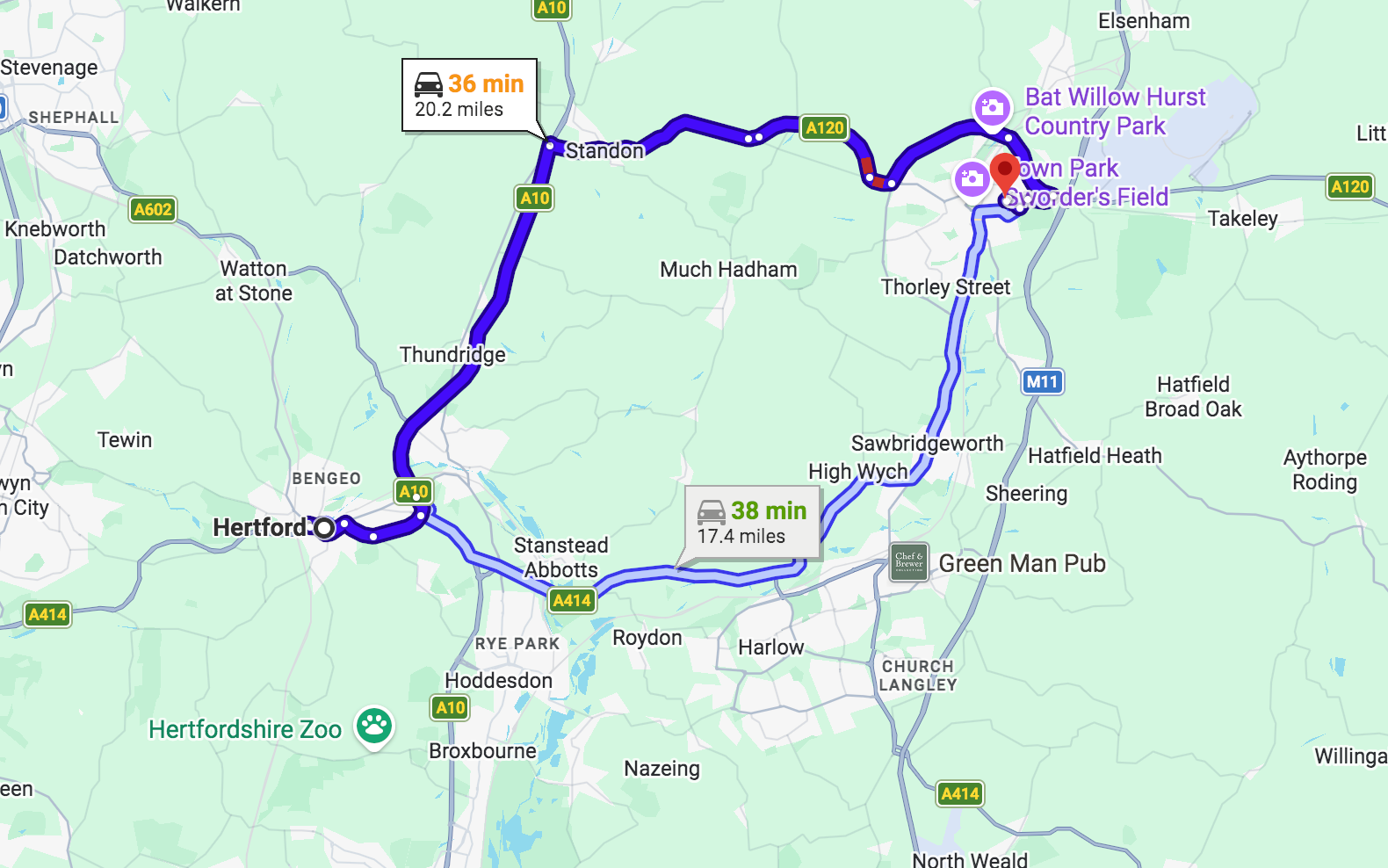 directions from hertford to dr blooms in bishops stortford