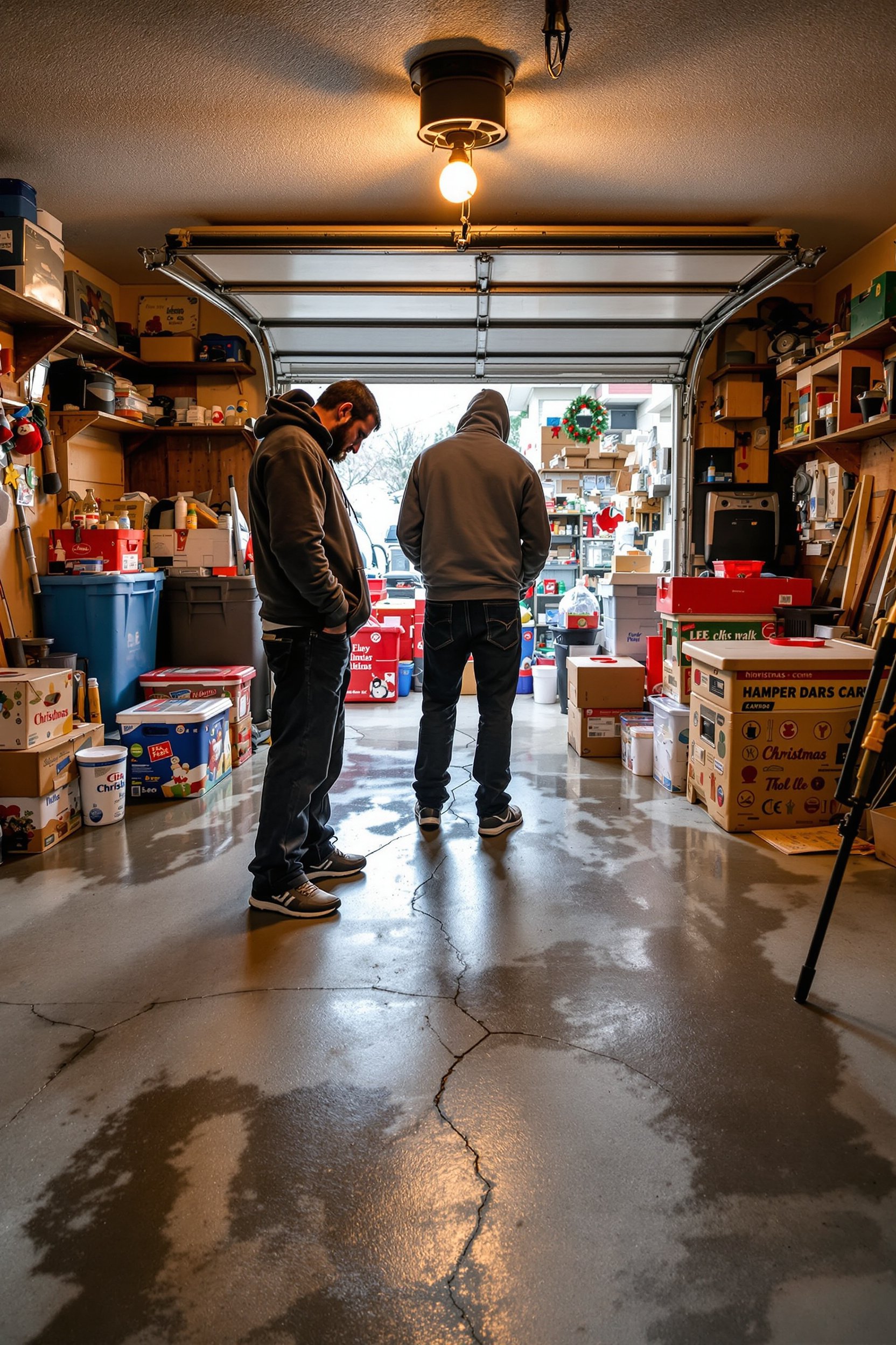 “Homeowner looking at a damaged garage floor with holiday storage boxes stacked nearby.” “Homeowner looking at a damaged garage floor with holiday storage boxes stacked nearby.”