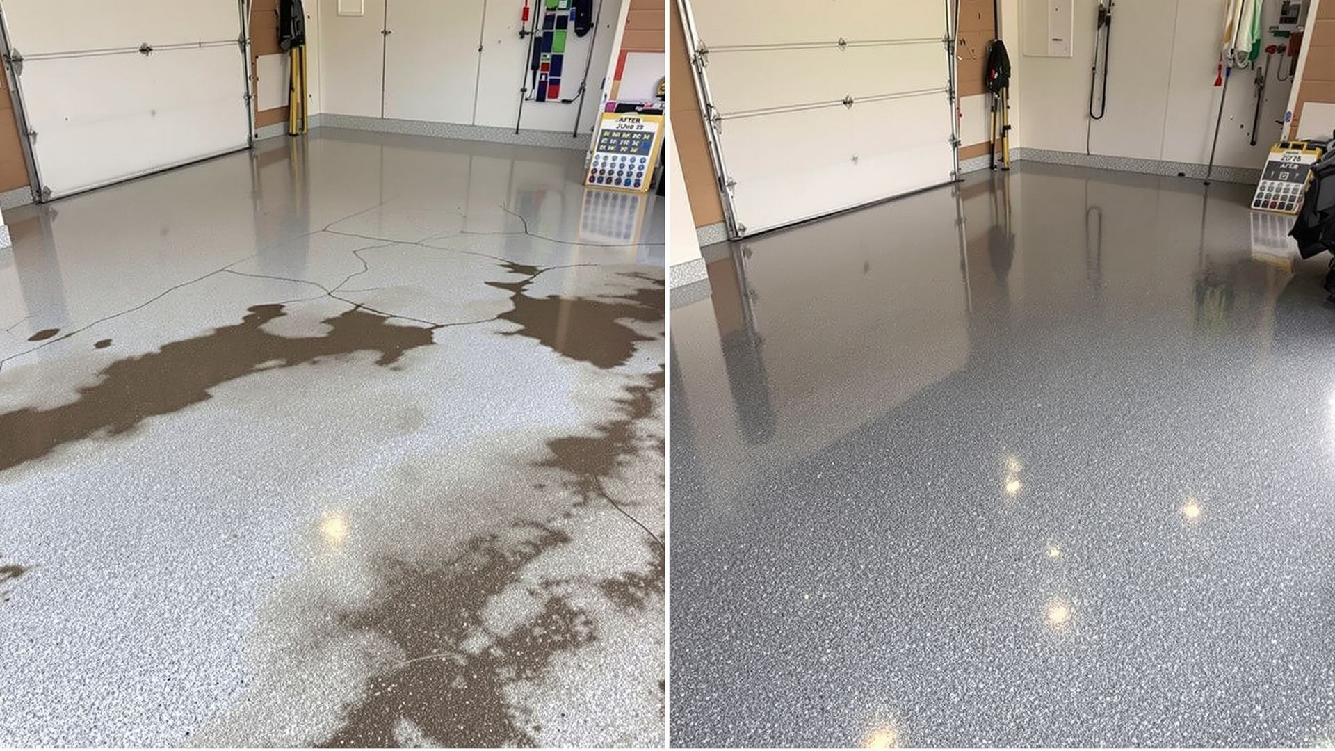 “Before-and-after transformation of a garage floor with a New Year theme.” “Before-and-after transformation of a garage floor with a New Year theme.”