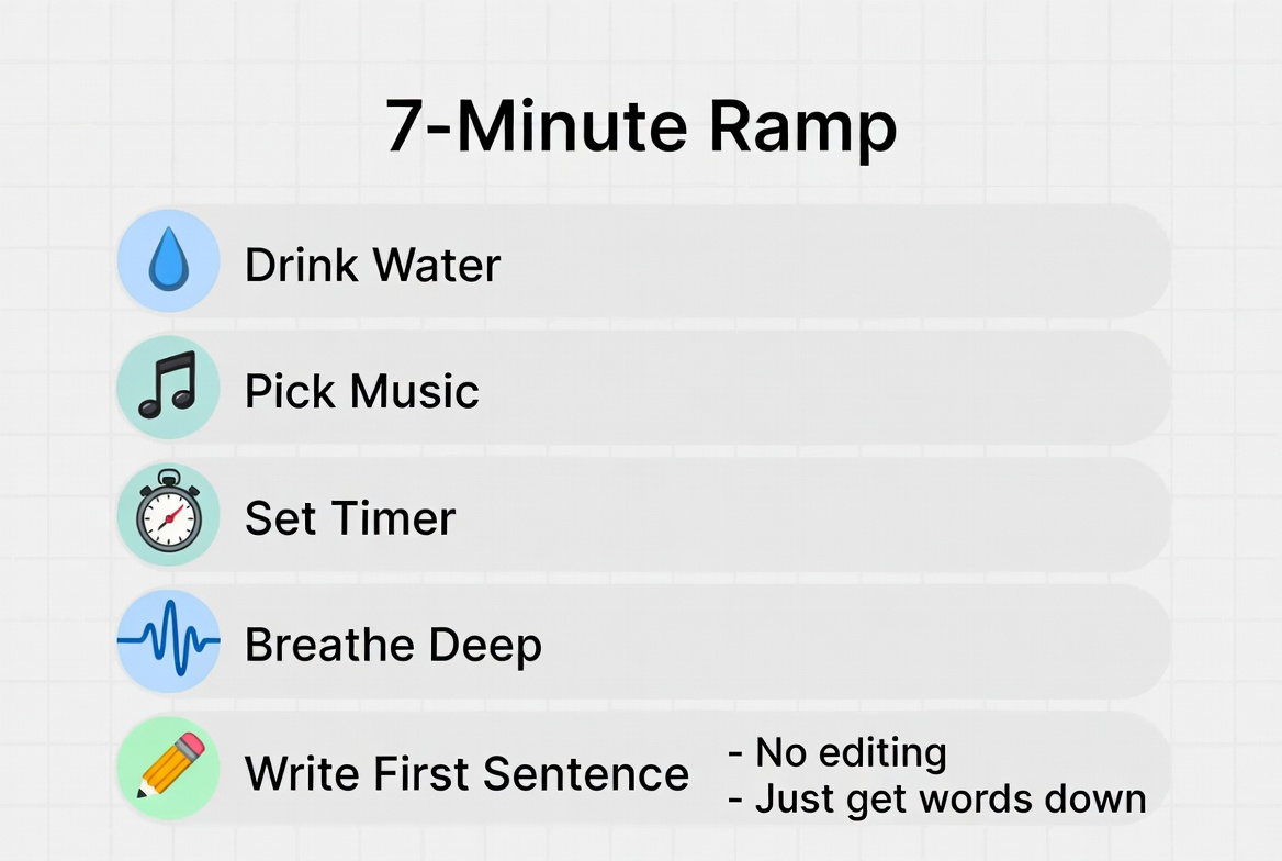 Infographic showing a 7-Minute Ramp checklist with icons for drink, music, timer, breathing, and first sentence—easy to print or save