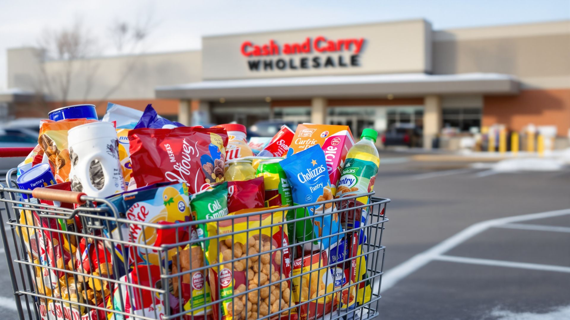 Shopping cart full of bulk holiday snacks and drinks in a winter parking lot. of Cash and Carry Wholesale