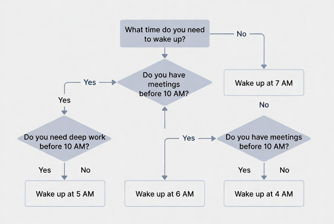 Infographic showing a simple flowchart that picks your ideal wake time based on bedtime, first meeting, and desired deep work block (90–120 minutes after waking).
