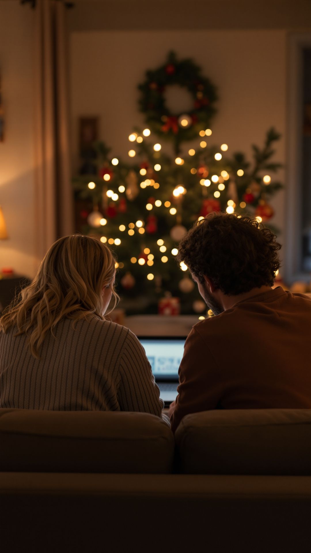 Parents sitting on a couch reviewing insurance information during the holidays. Parents sitting on a couch reviewing insurance information during the holidays.