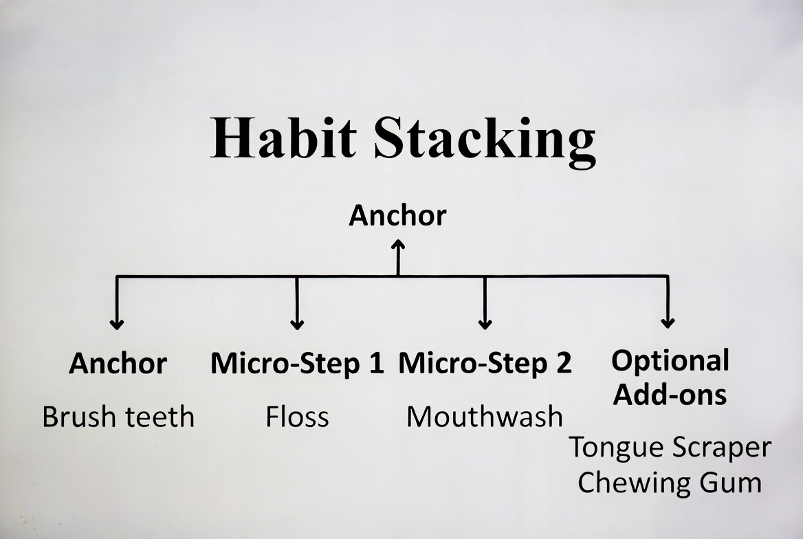 Infographic showing habit stacking flow: Anchor → Micro-Step 1 → Micro-Step 2 → Optional Add-ons with examples
