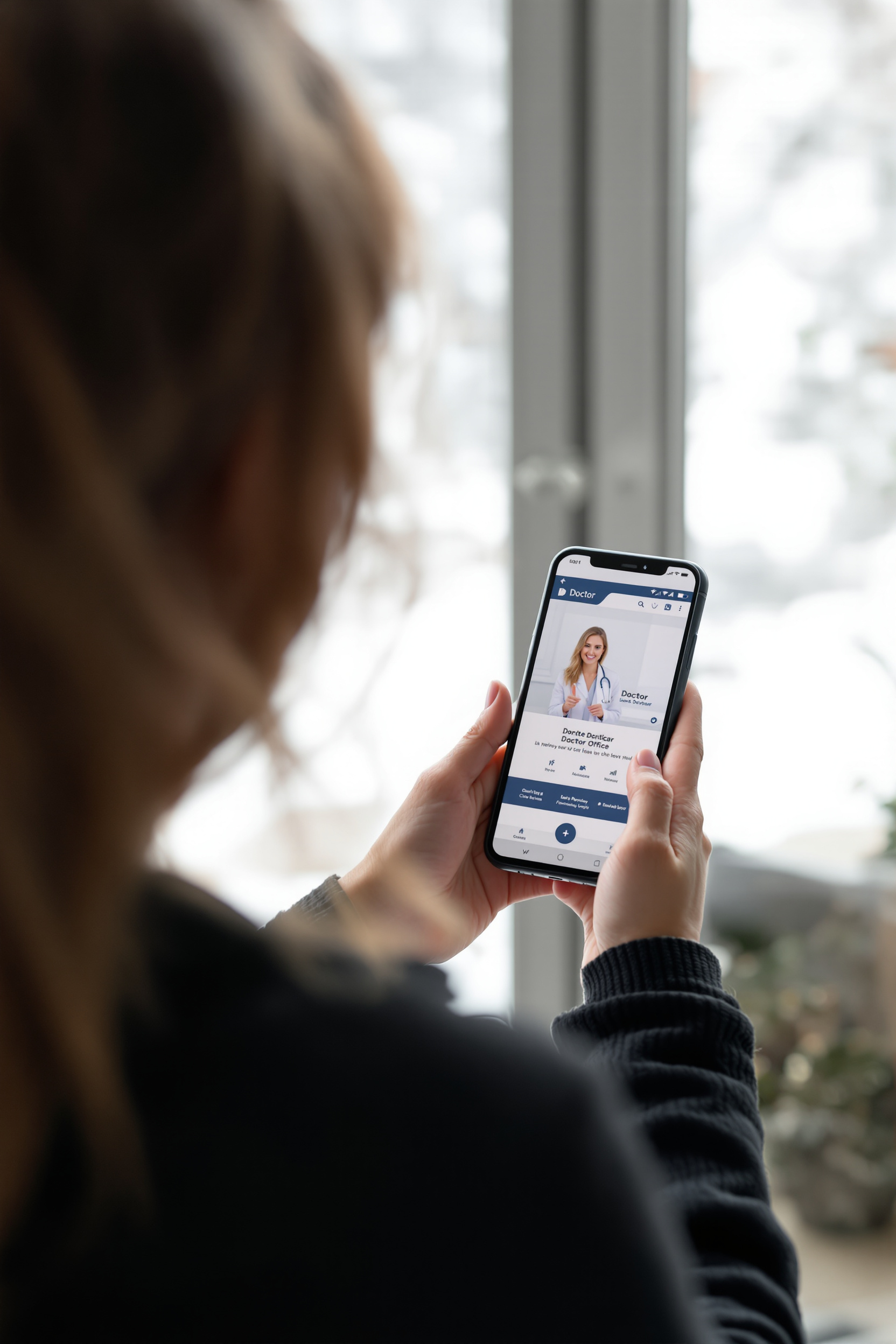 Woman checking provider information on her smartphone. Woman checking provider information on her smartphone.