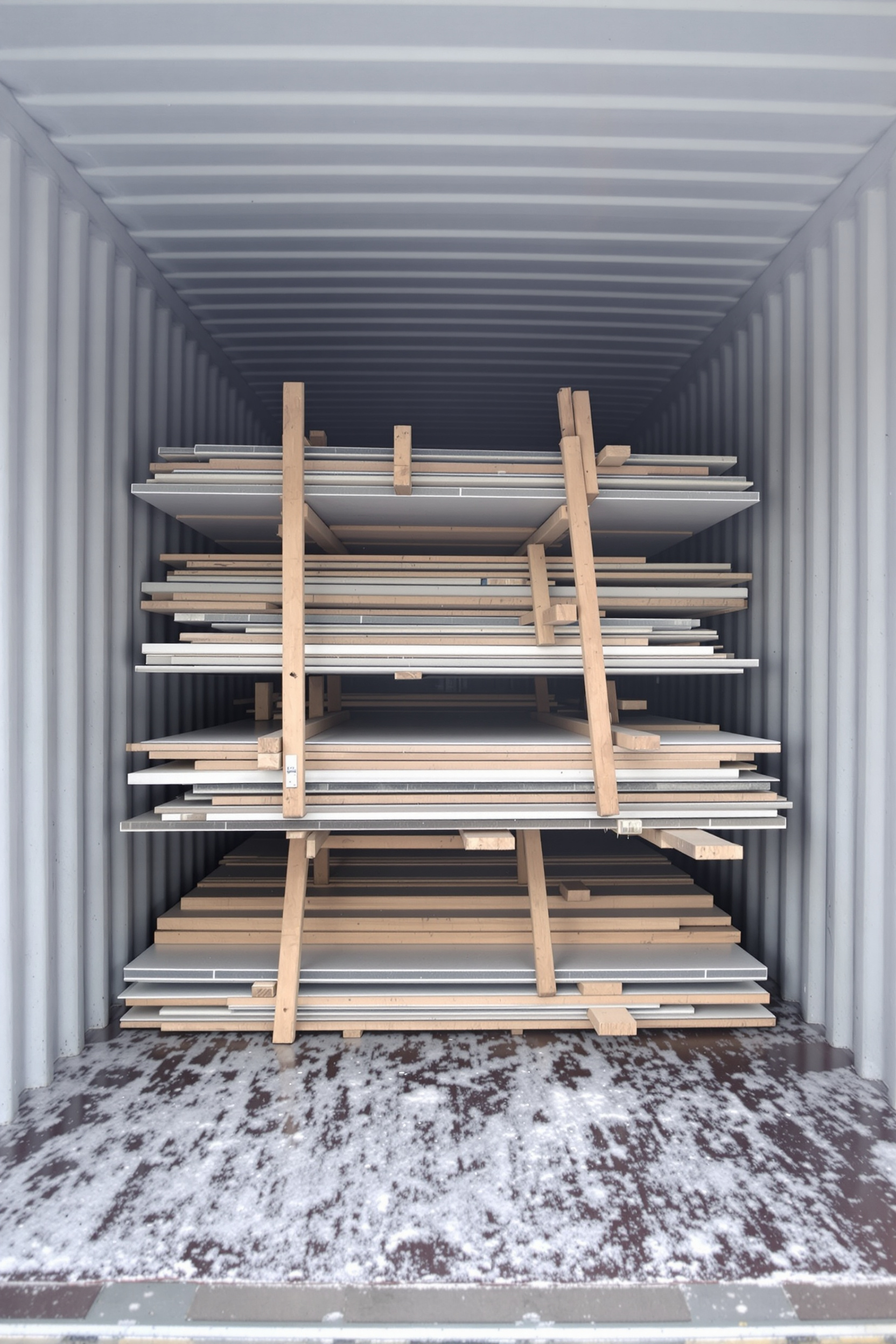 Interior of a shipping container showing countertop-style slab bundles with worn or loose wooden supports affected by winter conditions.