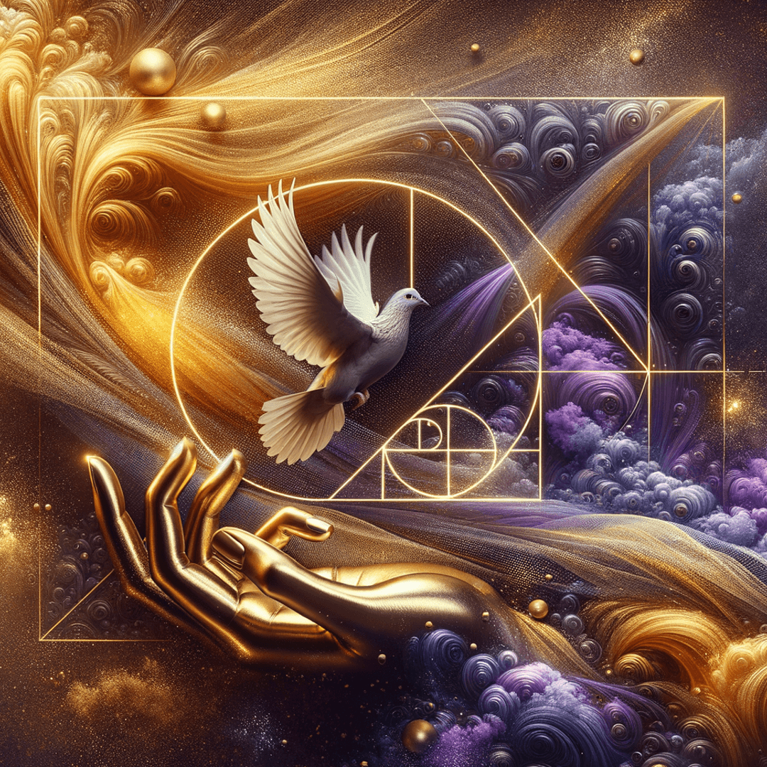 A dove and golden hand within the golden ratio