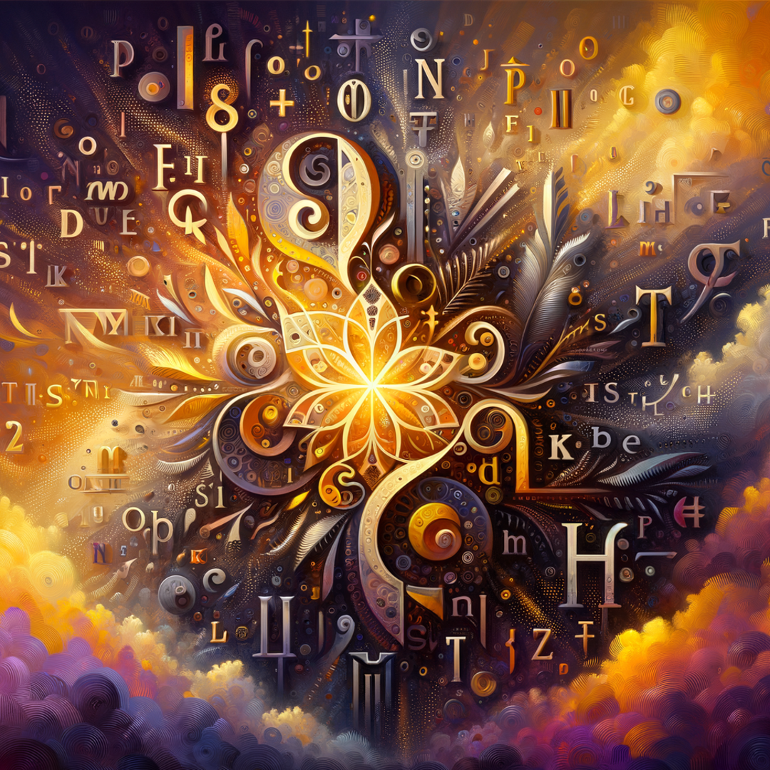 Golden letters of many alphabets in light