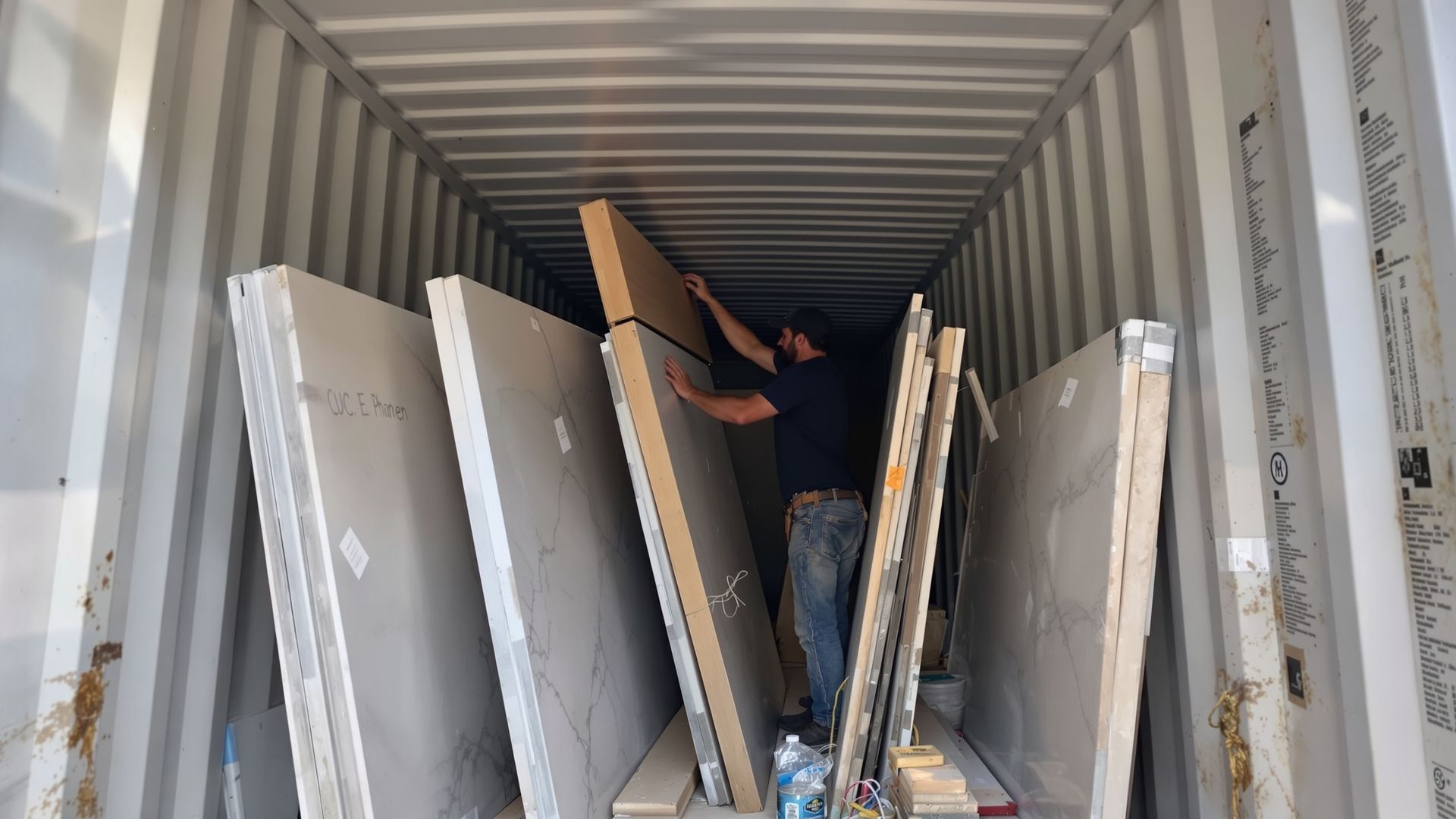 Worker cautiously removing temporary wooden supports from countertop slab bundles inside a container during unloading.