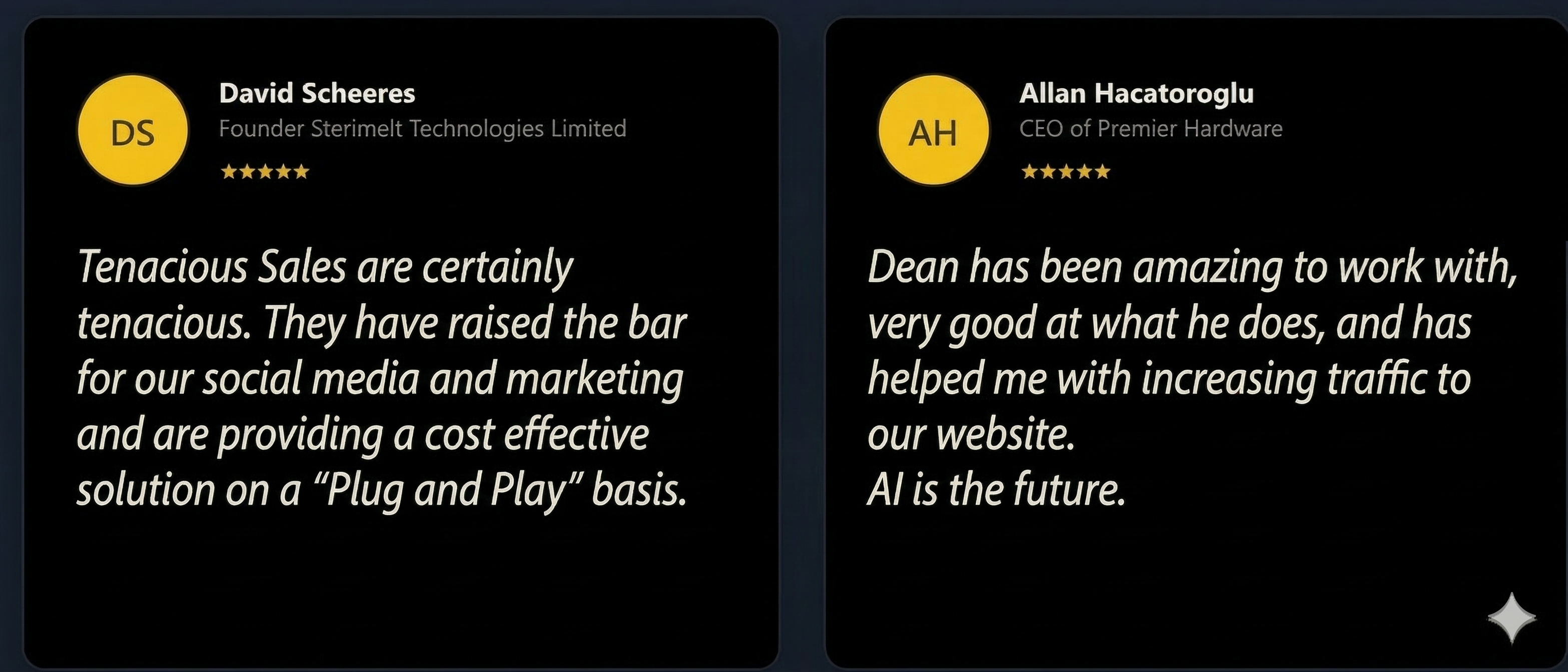 Client testimonials for Tenacious Sales: Barry Cowley, MD of Cowley Holmes Accountants, recommends Dean’s LinkedIn lead generation service. Daniel Dornan Mc-Gowan, Senior Dealer at Clear Capital Exchange, praises Dean’s content precision and responsiveness to client needs.