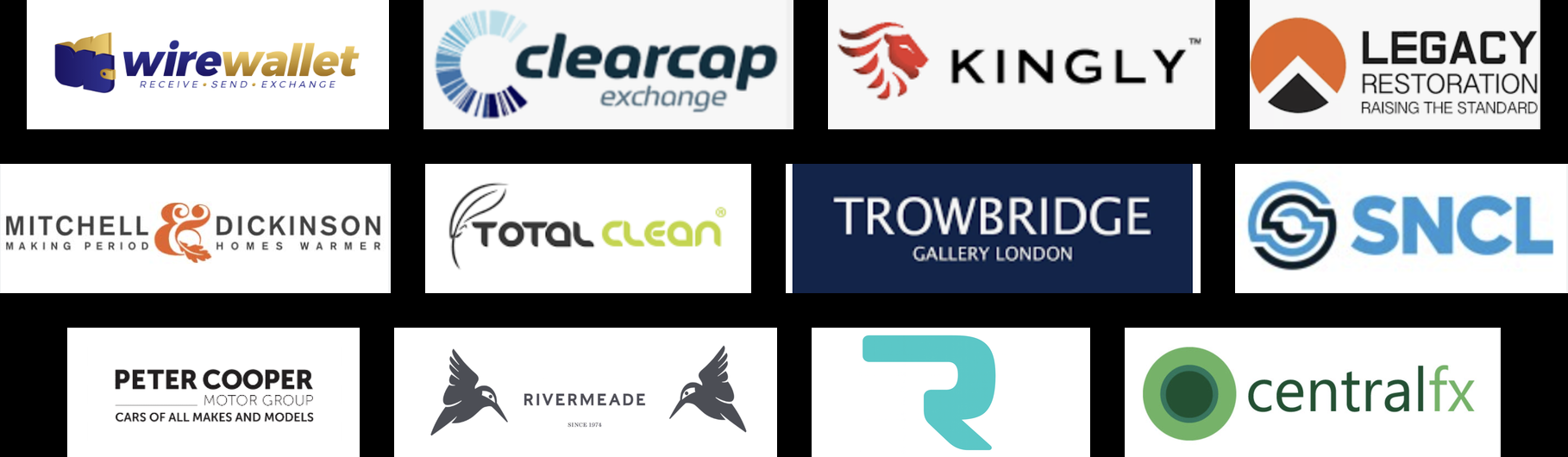 Trusted by industry leaders – client logos including Wire Wallet, Clearcap Exchange, Kingly, Legacy Restoration, Mitchell and Dickinson, Total Clean, Trowbridge Gallery London, SNCL, Peter Cooper Motor Group, Rivermeade, and Central FX.