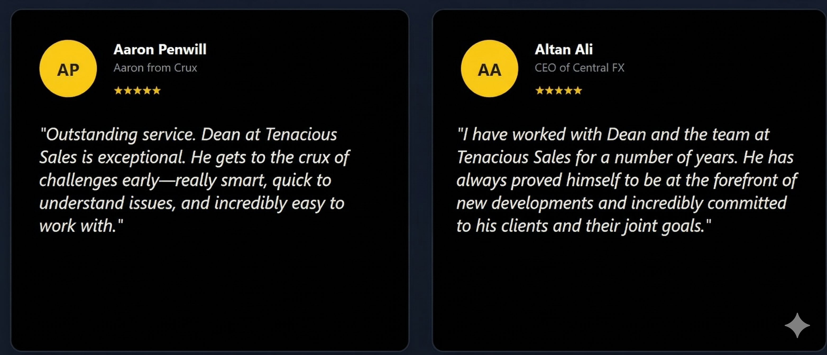 Client testimonials for Tenacious Sales: Chris Costas from Wine Wallet praises LinkedIn content and lead generation impact. Altan Ali from Central FX highlights Dean’s long-term commitment, innovation, and client focus in AI marketing services.