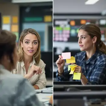 Split-screen image showing two contact center supervisors leading differently—one structured and confident, the other disorganized and unsure—highlighting the impact of execution drift on team performance.