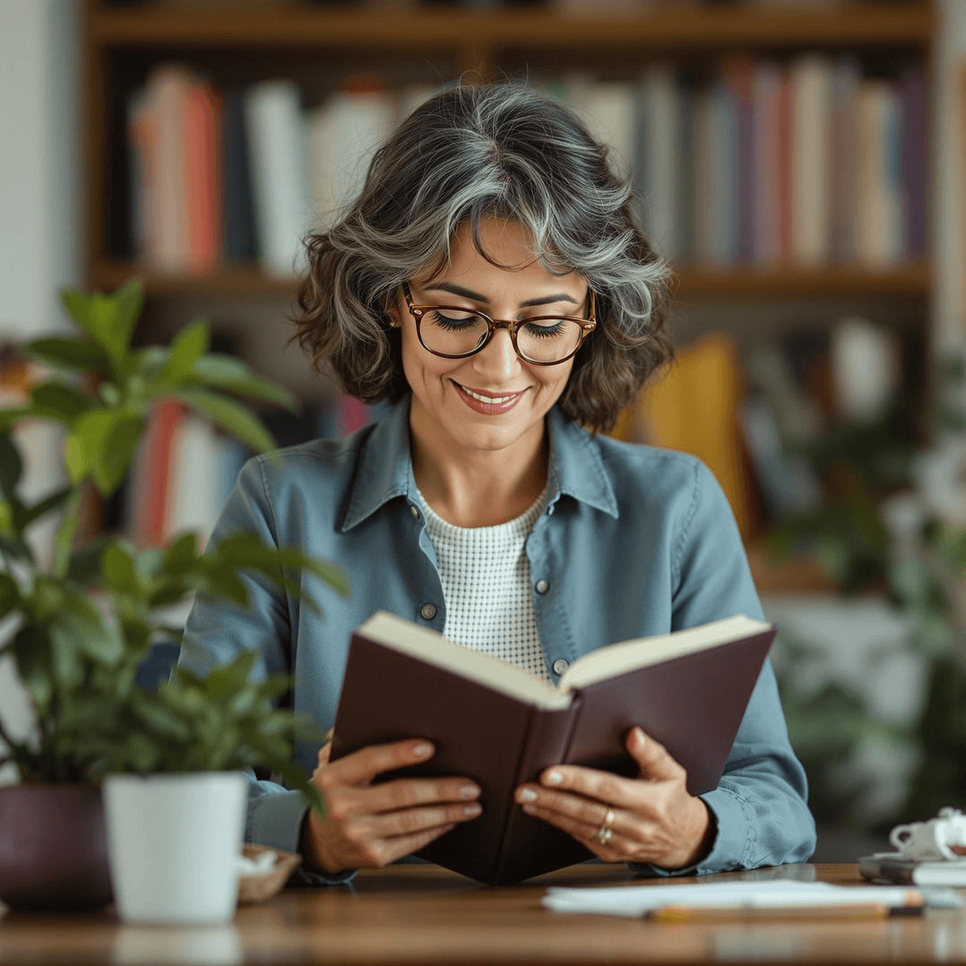 Woman smiling as she reads her finished book