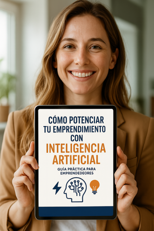 Mujer sosteniendo el ebook de inteligencia artificial para emprendedores