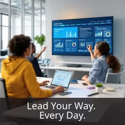 Supervisors in a modern call center environment interacting with a large digital leadership dashboard showing metrics on standards, costs, culture, and customer experience. Text overlay reads: ‘Lead Your Way. Every Day.’ The scene represents daily leadership execution, not traditional training.