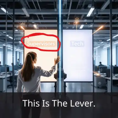 Back view of a woman contact center executive in business casual standing in a modern office, reaching toward a large split decision screen labeled ‘Supervisors’ and ‘Tech,’ with digital metrics floating nearby. Text overlay reads: ‘This Is The Lever.’