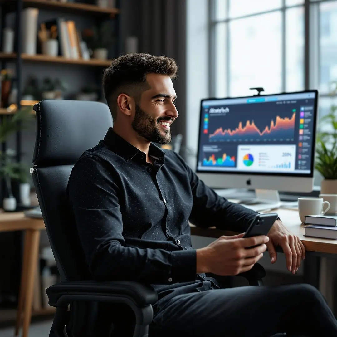 Professional business owner using structured website analytics and managed hosting system installed by StrateTech Marketing Group to maintain secure, stable digital presence and operational clarity.