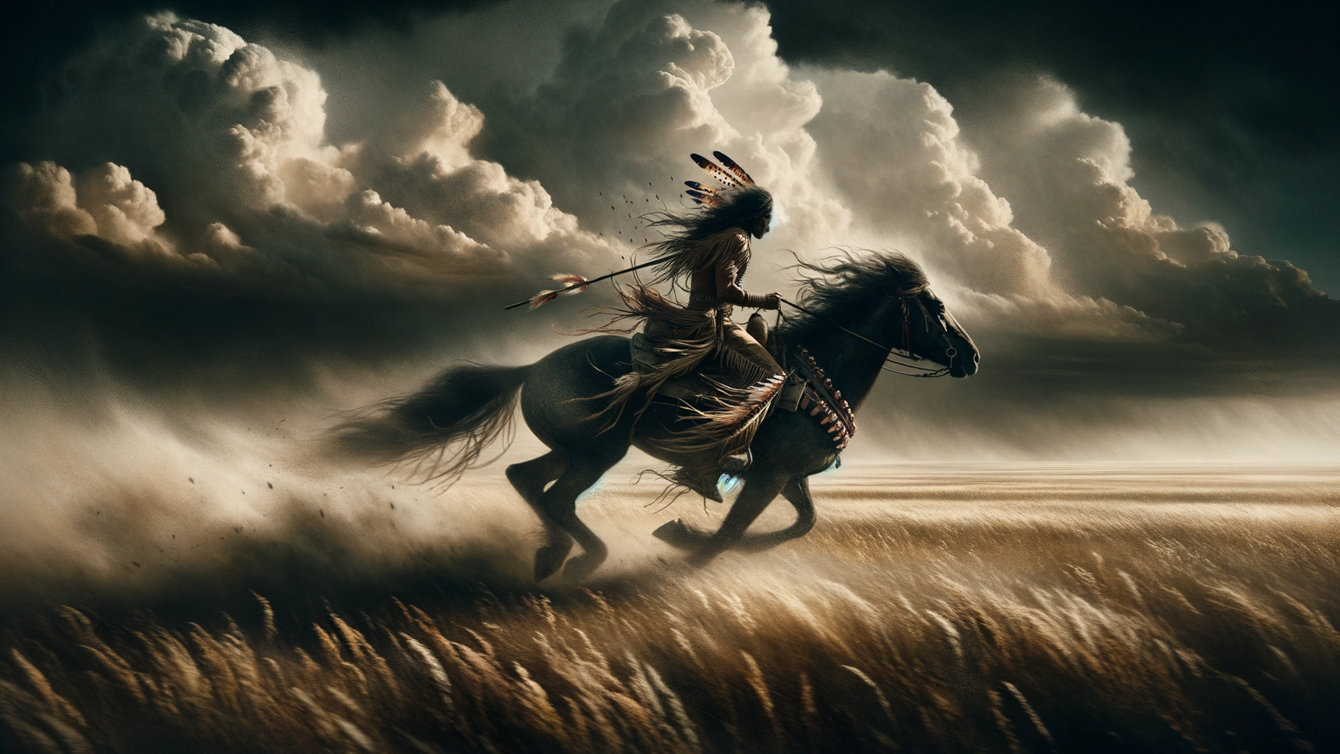 Native American riding a fast horse