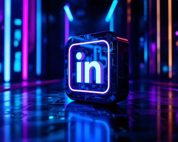 Futuristic neon LinkedIn icon in a digital environment, symbolizing AI-powered LinkedIn marketing, personal branding, and social selling strategies by Tenacious Sales for founders and experts seeking inbound leads and visibility.