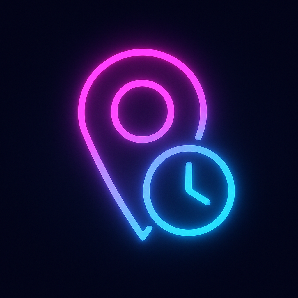 Neon pink and blue icon showing a location pin with a clock overlay, representing business hours and office location