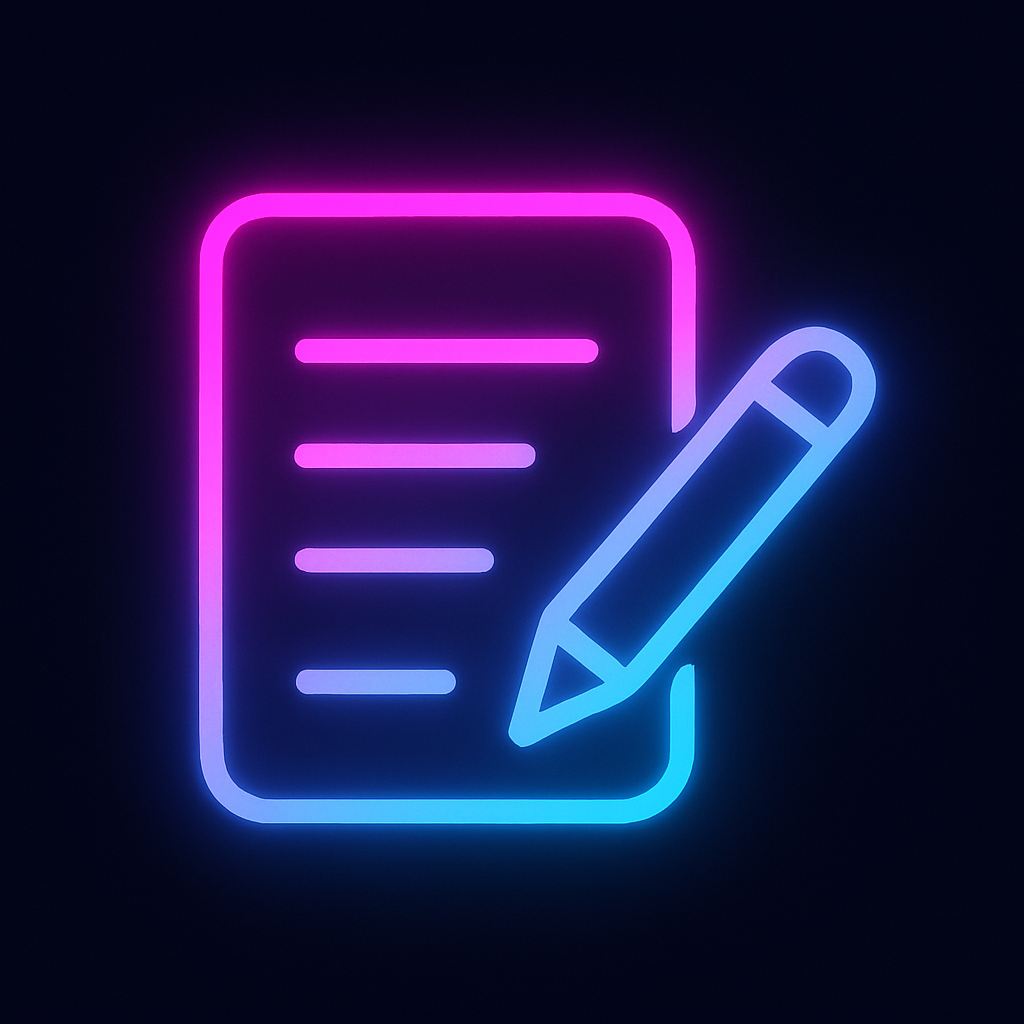 Neon pink and blue icon of a form with a pencil, representing filling out a contact or inquiry form on Tenacious Sales website