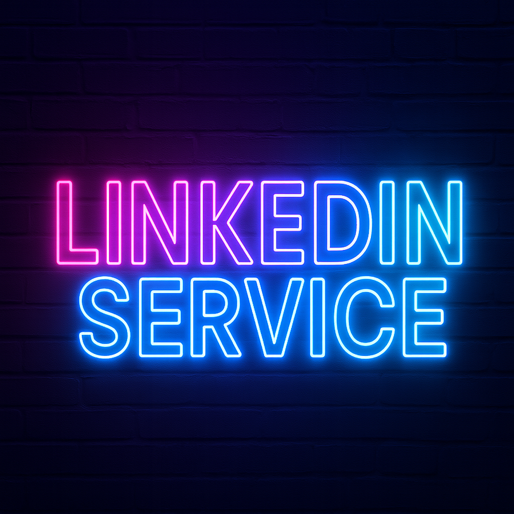 Neon text graphic displaying 'LinkedIn Service' in bold pink and blue lettering, representing Tenacious Sales' LinkedIn marketing and social selling service