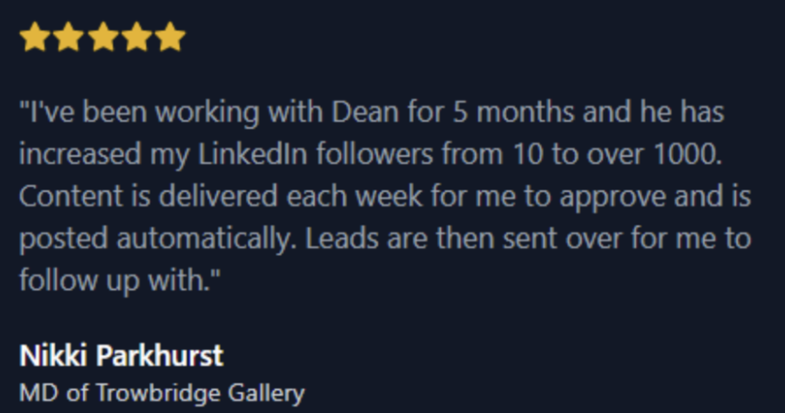 5-star LinkedIn testimonial from Nikki Parkhurst, MD of Trowbridge Gallery, praising Tenacious Sales for increasing her followers from 10 to over 1000 in 5 months, delivering weekly content and qualified leads