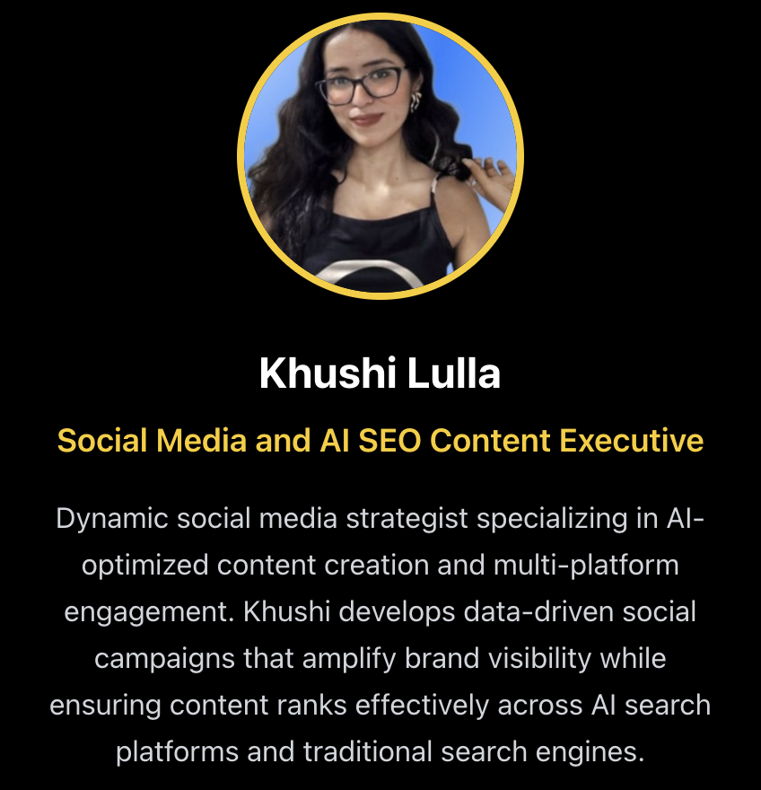 Khushi Lulla – Social Media and AI SEO Content Executive at Tenacious Marketing, expert in AI-optimised content creation, multi-platform engagement, and data-driven campaigns that boost brand visibility across AI and traditional search.